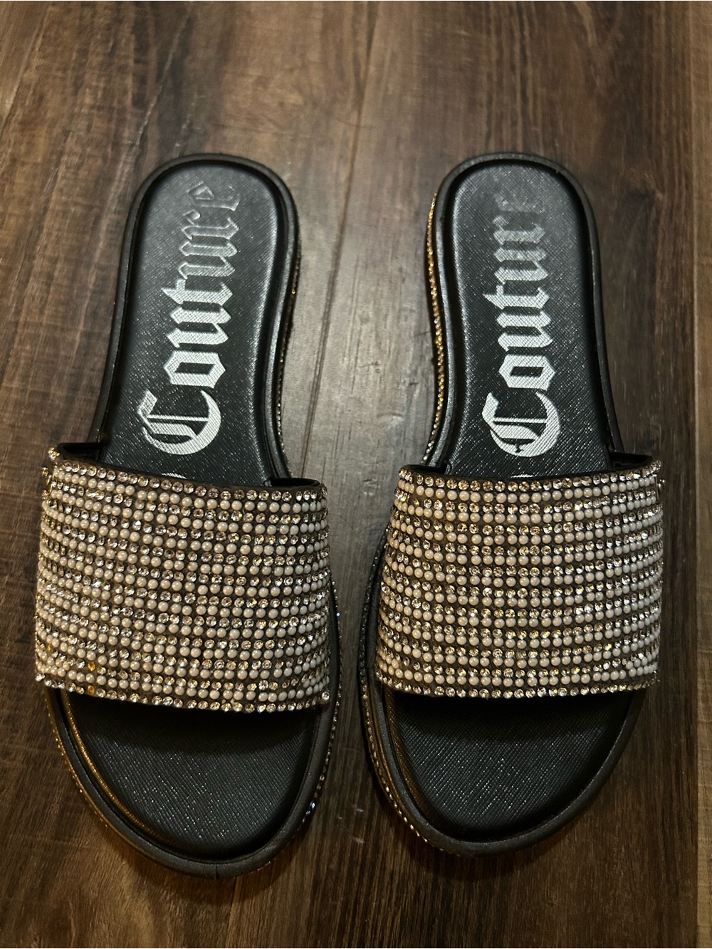 Juicy Couture Womens Yummy Crystal shimmery Slides Sandals Flats Black Size 8